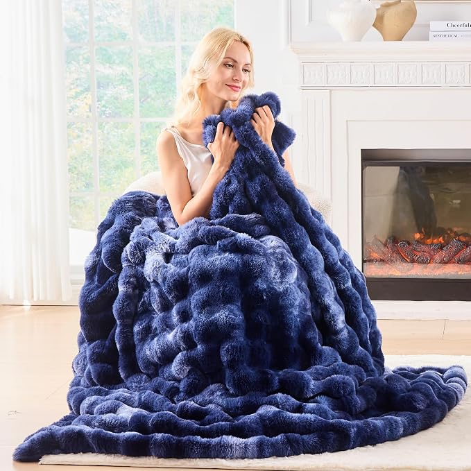 BENVWE Fluffy Faux Fur Throw Blanket for Couch, Soft Plush Thick Cozy Fuzzy Luxury Minky Bubble Blanket for Home Living Room Decor Gift for Women, Tie-dye Blue, 63" x 80", 1100GSM