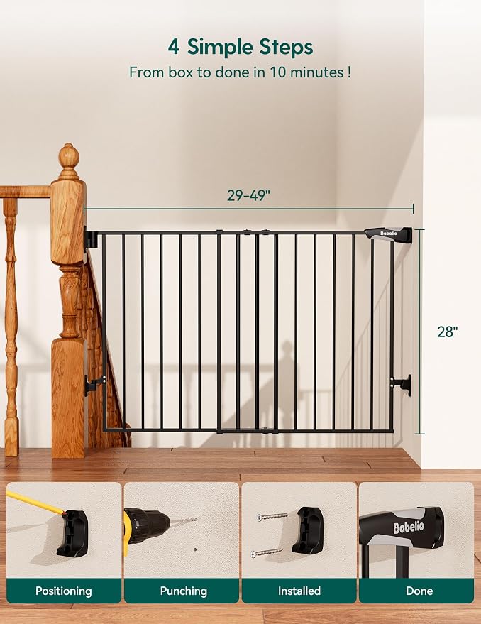 Babelio Baby Gate for Stairs, Kitchen & Doorways, No Bottom Bar| Easy Installation| One-Handed Operation| Auto-Close| Hardware Mount (Drill Needed) Safety Dog Gate (Black - B17, 34" H, 29-49" W-Wide)