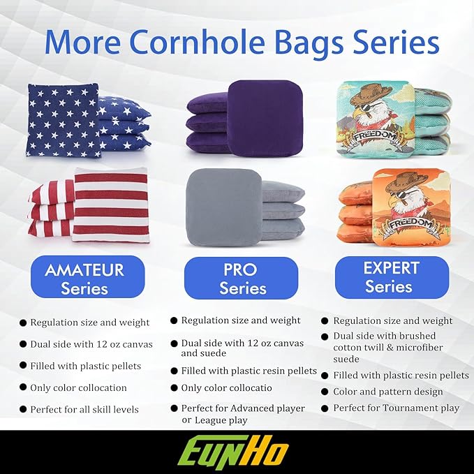 EunHo Regulation Cornhole Bags Set of 8 - Dual Sided Slick and Stick Cornhole Bean Bags for Tossing Game Professional All Weather Pro Corn Hole Bags with Tote Bag