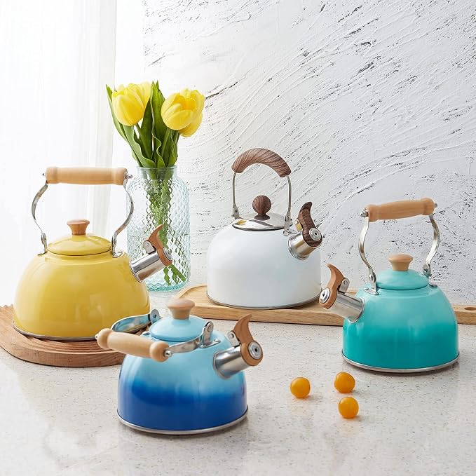 ROCKURWOK Tea Kettle, Tea Pot with Cool Touch Ergonomic Handle, Teapot Food Grade Stainless Steel, Tea Kettle Stovetop, Kettle Teapot, Whistling Tea Kettle, Small Tea Pot, 1.6 Quart (Blue)