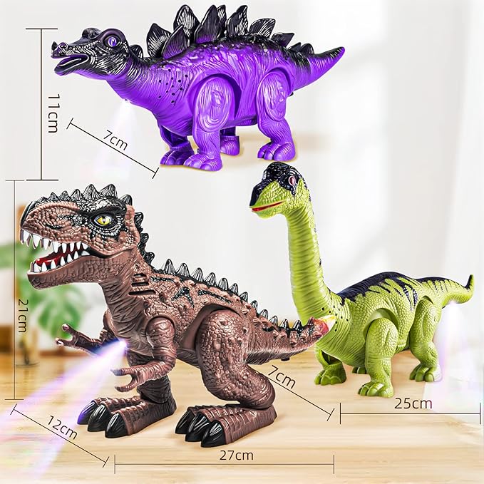 Doloowee 3 Pack Walking Dinosaur Toy for Kids 3-5/5-7 Years,Simulation Tyrannosaurus & Stegosaurus & Brachiosaurus,Electric Robot Dinosaur with LED Lights & Sounds,Dinosaur Toys for Boys and Girls