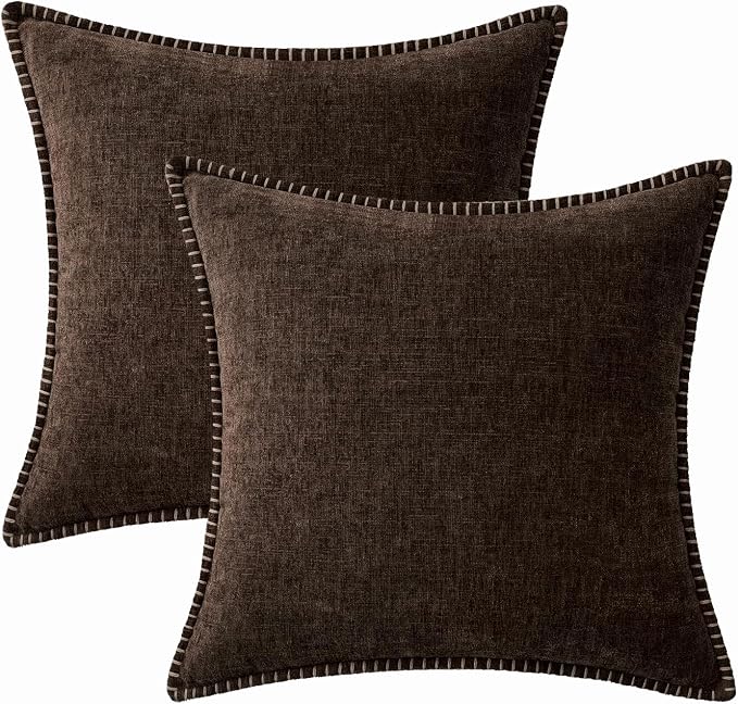 MIULEE Decorative Couch Throw Pillow Covers 18x18 Inch Dark Brown 2 Pack | Farmhouse Pillow Covers with Stitched Edge, Soft Chenille Cushion Cases, for Sofa Bed Living Room Home Decor