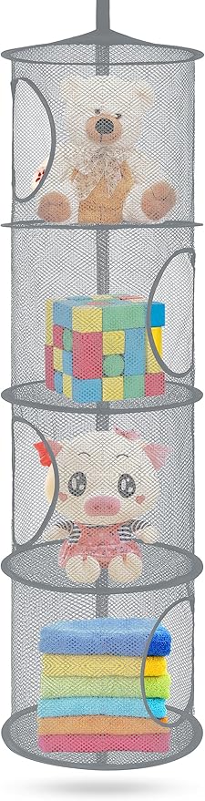 Stuffed Animal Storage Foldable Stuffed Animal Net or Hammock Organizer, 4 Compartments Hanging Mesh Toy Storage Organizer for Kid Room Toys, Gloves, Hats, Socks(Gray)