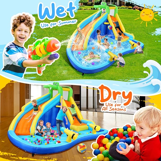 Whubefy Inflatable Water Slides for Kids with 450W Blower, 6 in 1 Blow Up Water Park, 158x 138 x 89 Waterslide w/Climbing Wall, Splash Pool, 2 Water Cannon, Basketball Rim & Crocodile Shower Head