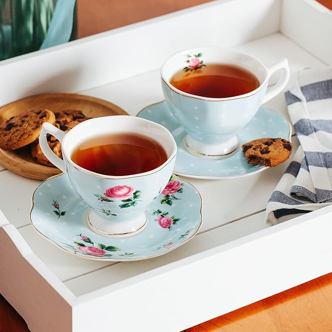 BTaT- Floral Tea Cups and Saucers, Set of 8, 8 oz | Fine Porcelain Teacup Set Gold Trim Afternoon Tea Weddings Parties Gifting Dishwasher Safe Lightweight Non Toxic