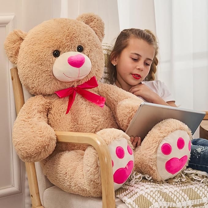 Tezituor Big Teddy Bear Stuffed Animal,Giant Teddy Bear with Pink Love for Girlfriend Boyfriend Women Wife,Valentines Stuffed Bear Plush for Kid Girl Boy,Bear for Birthday Baby Shower,36 inch Tan
