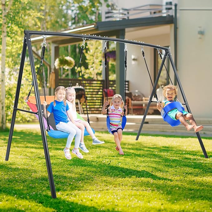 Hapfan 440lbs Kids Swing Sets for Backyard with Toddler Swing, Triple Outdoor Metal Swingset, Easy to Assemble (Patented)