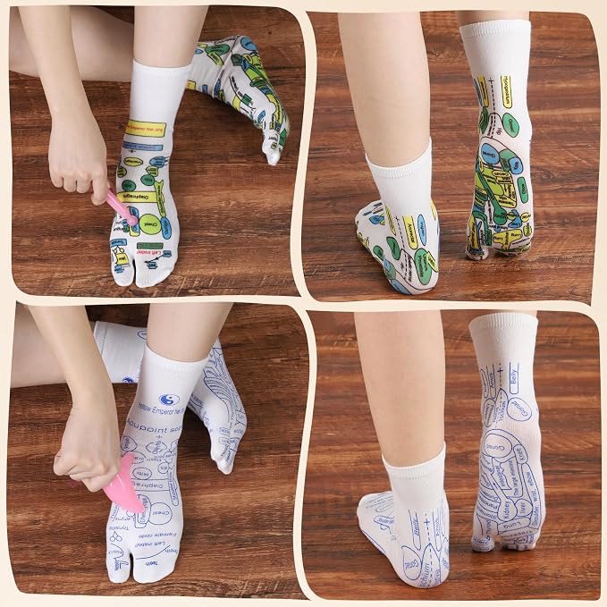 Reflexology Socks Set with Tools Pink, 2 Pairs Chiro Acupressure Acupuncture Trigger Point Foot Pain Relief Remedy Acupoint Massage Birthday Gifts for Women D