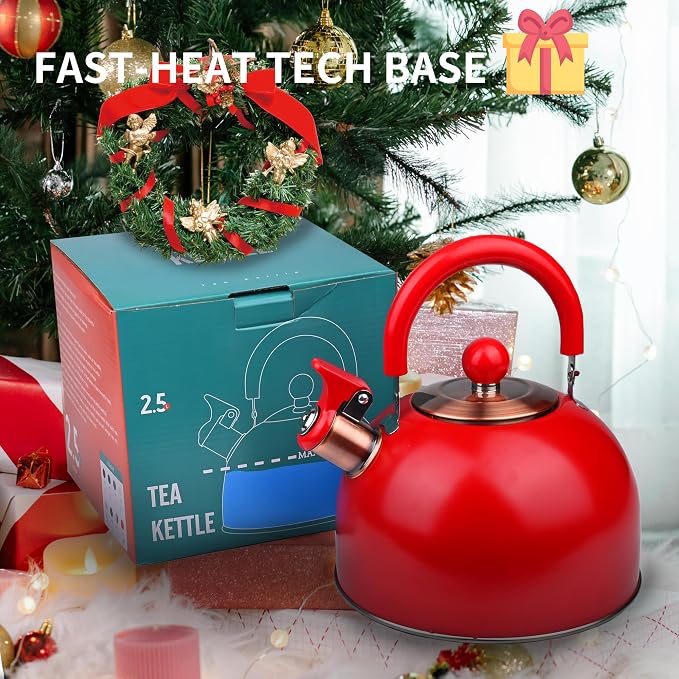 2.6 Quart Red Whistling Tea Kettle for Stovetop, Stainless Steel Teapot with Cool-Touch Handle, Loud Whistle, Wide Base, Gas Electric Induction Compatible