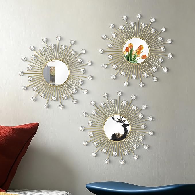 3 Pack Metal Mirrors for Wall Sunburst Wall Mirrors Home Décor Decorative Hanging Wall Art for Living Room Bedroom Entryway (Gold2 Crystal, Sunburst)