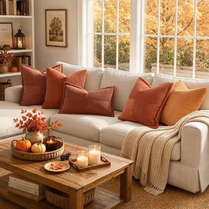 MIULEE Fall Rust Decorative Throw Pillow Covers for Couch 18x18 Inch | 2 Pack, Terracotta Boho Broadside Striped Patchwork Pillow Covers, Soft Corduroy Cushion Cases, For Sofa Bed Livingroom