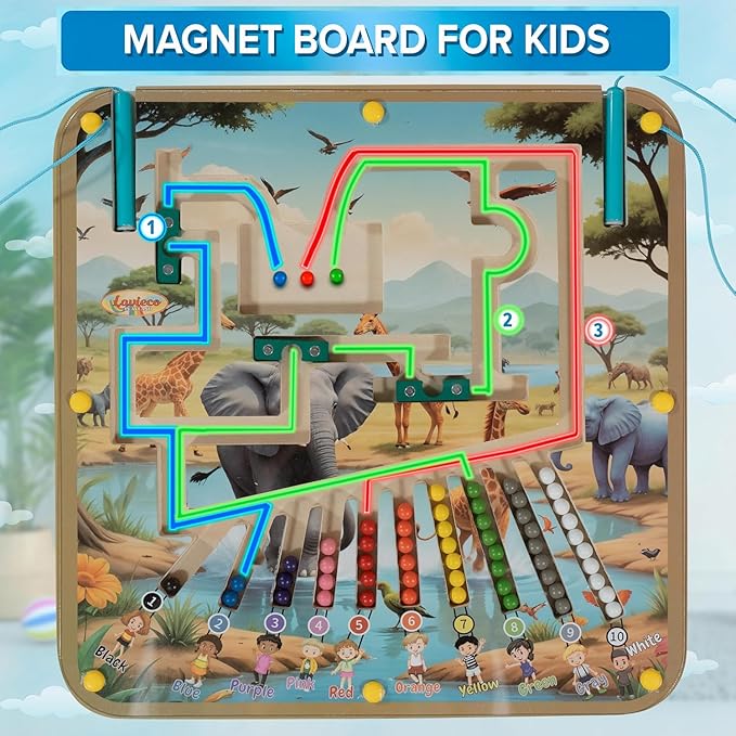 Magnetic Montessori Toys for 3 Year Old - Magnet Board for Kids, Magnetic Maze for Kids Ages 3-5, Color and Number Maze, Puzzles for Toddlers, Magnet Mazes for Toddler, Learning Activity, Safari