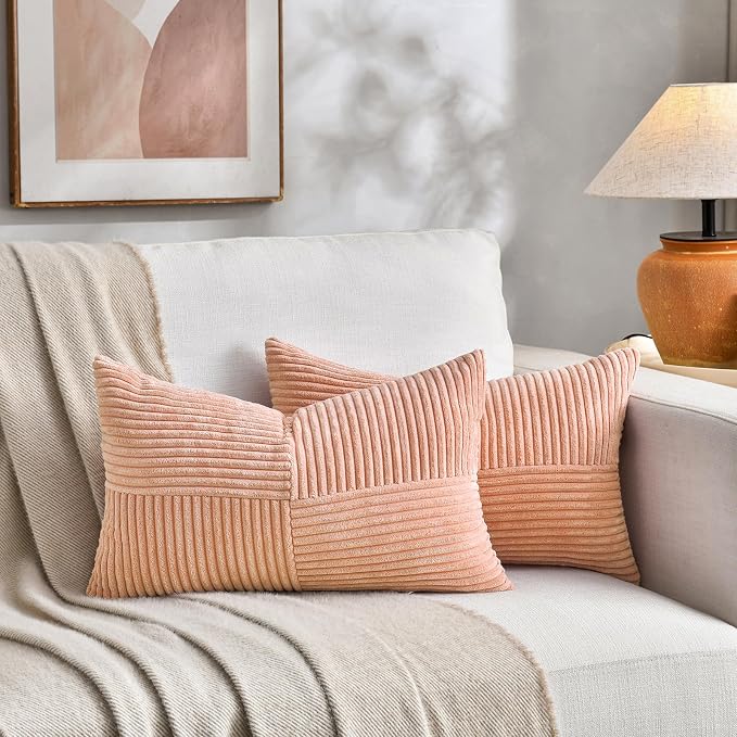 Fancy Homi 2 Packs Peach Lumbar Decorative Throw Pillow Covers 16x32 Inch for Living Room Couch Bed Sofa, Rustic Farmhouse Boho Home Decor, Soft Striped Corduroy Rectangle Accent Cushion Case 40x80 cm