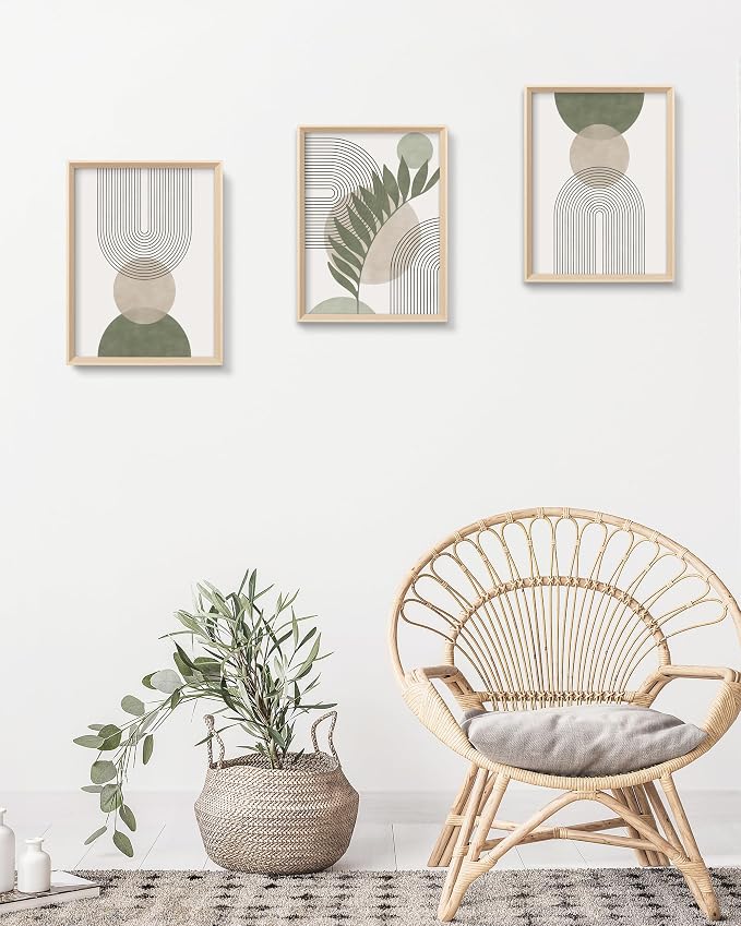 Boho Sage Green Framed Wall Art, Abstract Canvas Prints | 12x16IN Set of 3,High Framed Design Canvas Prints,Minimalist Green Abstract Wall Decor for Living Room Bedroom Gallery Office