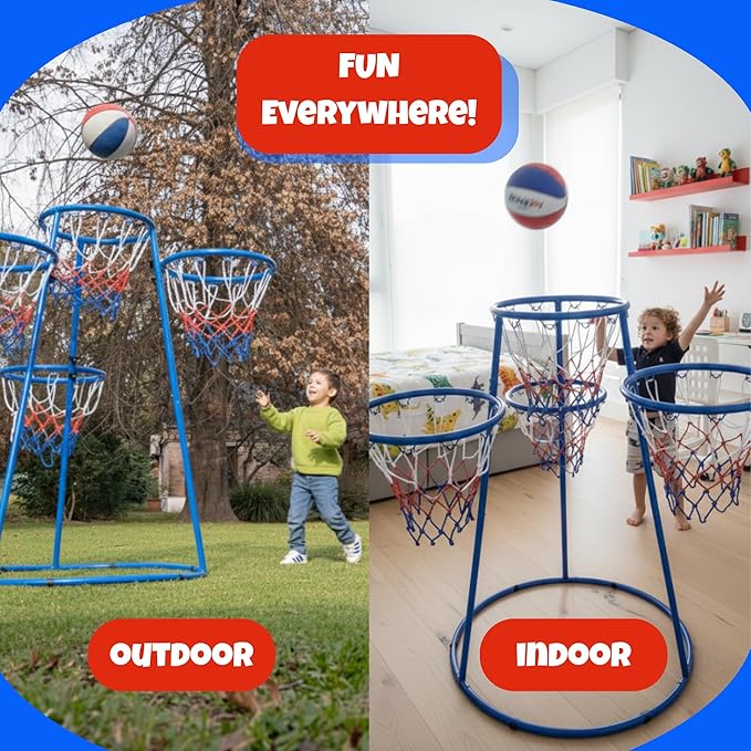 Activejoy- 4 Hoop Basketball Set - Toddler Basketball Hoop Indoor - Outdoor Play Preschool - +3 Years Old Toy. Includes 2 Balls and air Pump