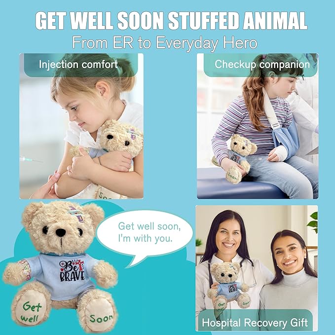 Get Well Soon Bear 2-Pack, 8" Plush Stuffed Animals with Broken Arm & Leg Cast, Cute Surgery Recovery Gifts for Kids, Boys, Girls, Toddlers - Be Brave Outfit & Get Well Soon Embroidery, Gift Ready