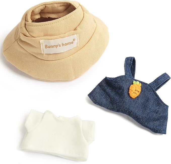 3-Piece Doll Clothes for Labubu & 17cm Dolls – Stylish Fisherman Hat Set, Kawaii Doll Outfits with Accessories for Collectors or Display - Navy Carrot (No Dolls)