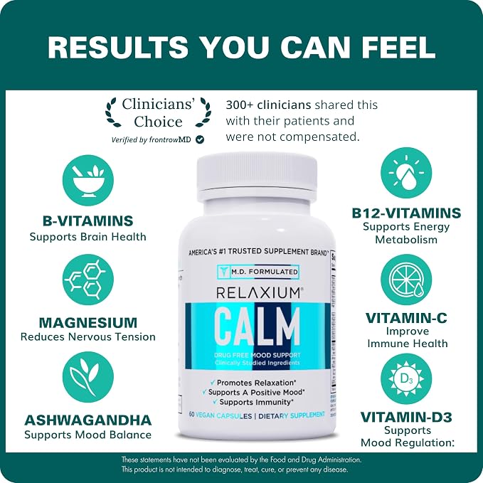 Relaxium Calm - Stress, Mood + Immune Support Supplement, Non-Habit Forming with Ashwagandha, 5-HTP & GABA, Mushroom Blend. Made in USA, 60 Capsules