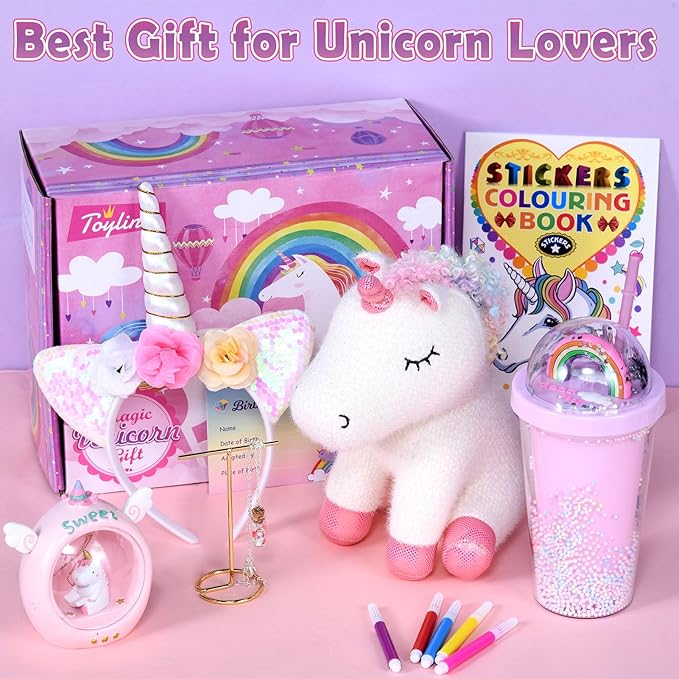 Unicorn Gift for Girls Toy Age 3 4 5 6 7 8 with Plush Stuffed Animal Water Bottle Night Light Headband DIY Color Book Pen, Christmas Birthday Gifts Idea Toys for Little Girl 3-10 Years Old