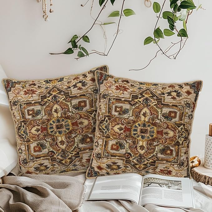 KSLIDS Boho Brown Soft Velvet Throw Pillow Covers Set of 2 Vintage Bohemian Rug Carpet Decorative Pillow Covers 18x18 Inch Antique Ethnic Pillow Case for Sofa Couch Living Room Home Decor