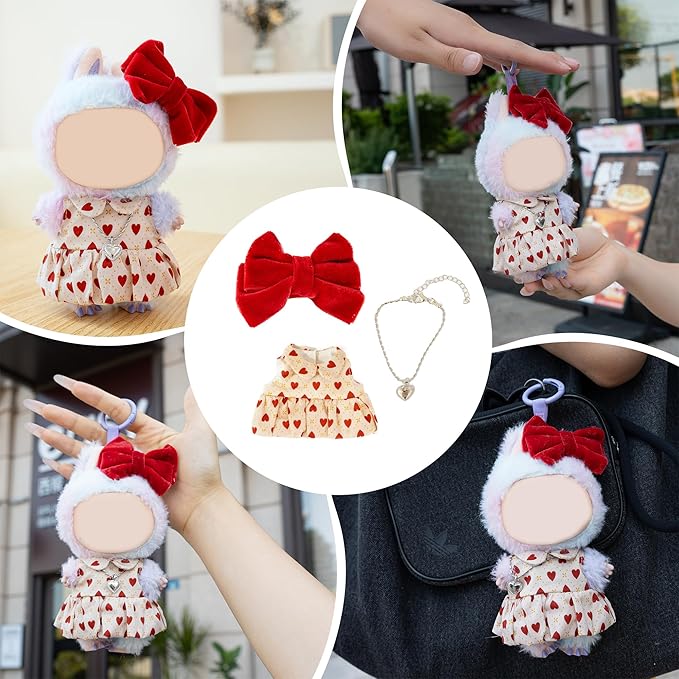 Clothes for Labubu Doll,6.7 Inch Doll Clothing Set - 4 Pieces of Handmade Clothes and Accessories for 17cm Plush Toy - Pink and White Colorblock Piglet Top + Pink Tutu Skirt + Bow Tie