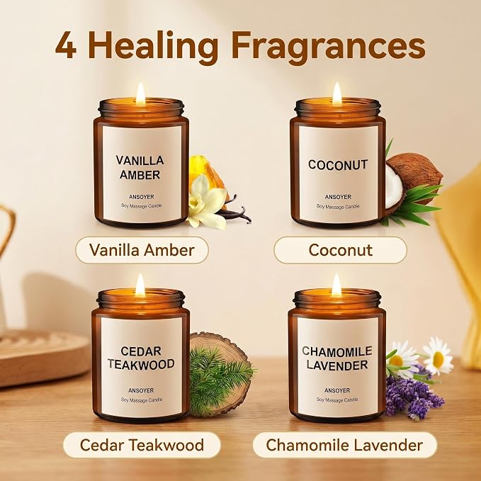 Massage Candles, 4PCS, Vanilla Amber/Coconut/Cedar Teakwood/Chamomile Lavender