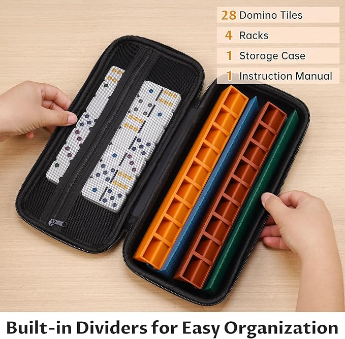 Double 6 Dominos Set for Adults with 28 Tiles 2x1x0.28 Inches & 4 Silicone Domino Racks 10x1.18x1.18 Inches, Classic Board Games with Portable Case for Family Game Nights & Travel