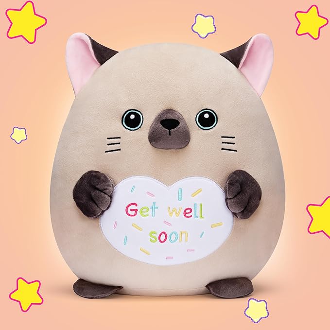 Get Well Soon Siamese Cat Large Plush Pillow Stuffed Animal Toy Patient Feel Better,12.5" Big Size Cute Plushie,Gift for Kids Women Girls
