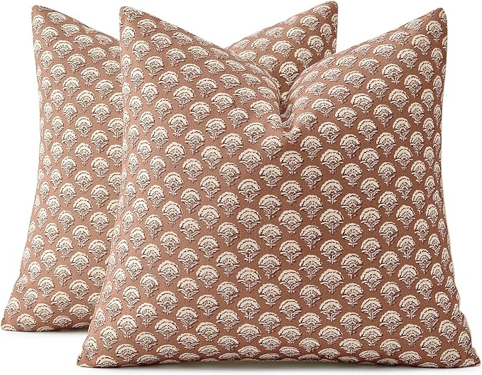 MIULEE Floral Print Decorative Pillow Covers 20x20, Almond | Vintage Boho Farmhouse Modern Home Decor, Set of 2, Block Print Cushion Covers for Couch Sofa Bed Living Room