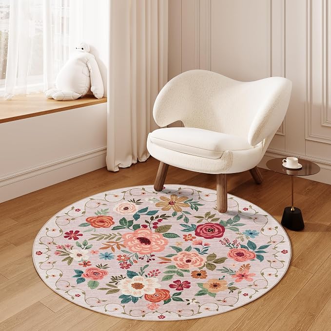 DUKINO 4ft Round Rug, Floral Washable Small Round Area Rug Non Slip, Beige | Soft, Low Pile, Stain Resistant Indoor Circle Rug for Bedroom, Kitchen, Kids Room, Living Room, Pet Friendly, Home Decor