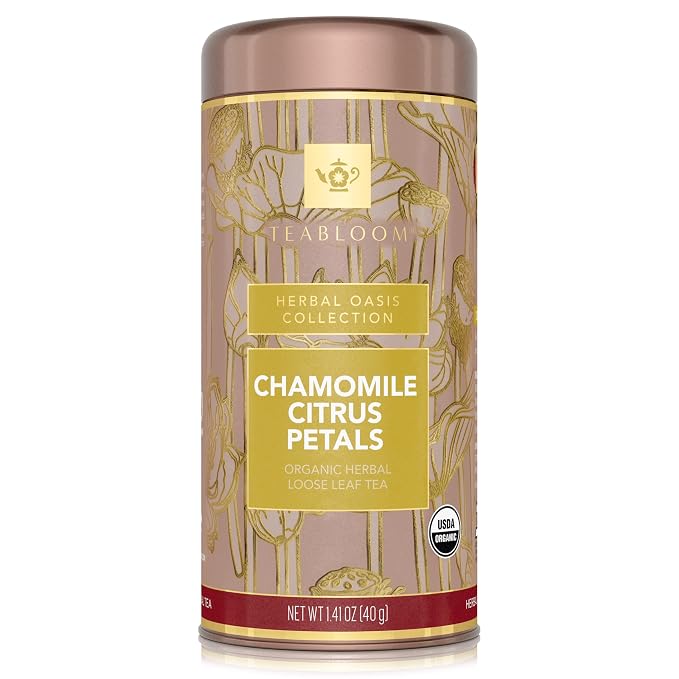 Teabloom Organic Herbal Tea, Chamomile Citrus Petals Loose Leaf Tea, Relaxing Chamomile Blend, USDA and EU Certified Organic, Fresh Whole Leaf in Reusable Gift Canister, 1.41 oz/40 g Canister Makes 35-50 Cups