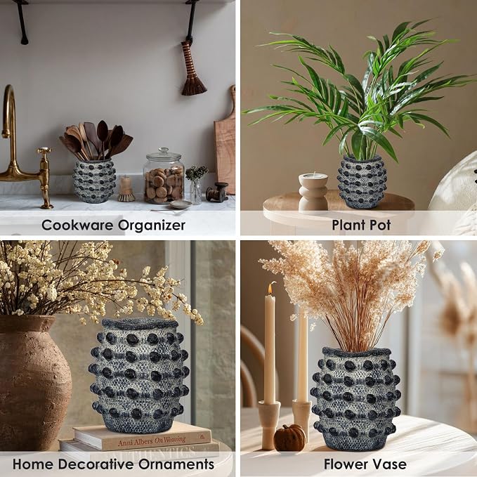 Rustic Farmhouse Vase, Boho Smoky Black Vase for Pampas Grass Small Textured Knotted Vases for Flowers Decorative Cement Floral Vases for Home Decor, Living Room, Dining Table