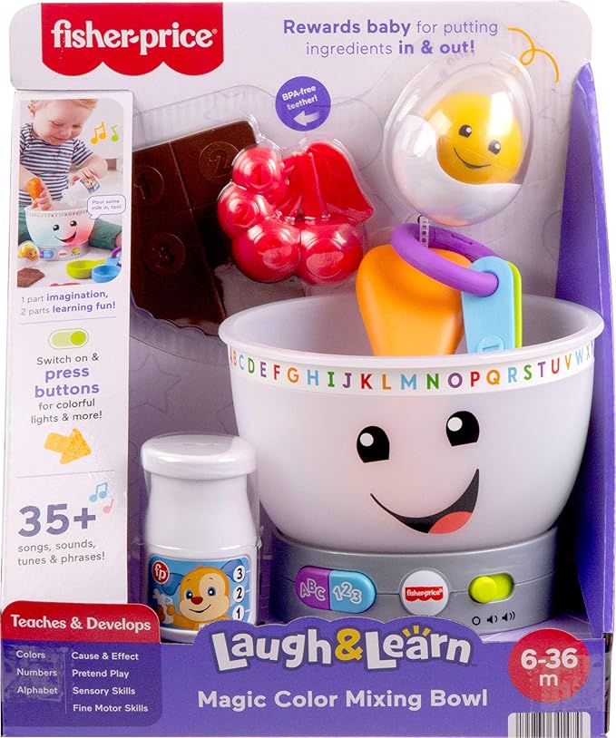 Fisher-Price Baby Learning Toy Laugh & Learn Magic Color Mixing Bowl with Pretend Food Music & Lights for Infants Ages 6+ Months