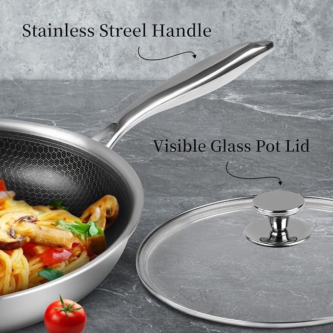 Innerwell Stainless Steel Frying Pan Nonstick Frying Pan with Lid 10 Inch Honeycomb Stainless Steel Skillet Woks Pan for Gas Electric Induction Ceramic Stoves and Oven | Honeycomb Nonstick Coating, PFOA-free & Non-Toxic. Compatible with All Stoves, Eas...