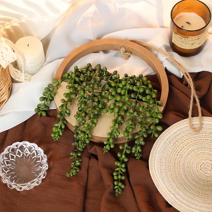2pcs Artificial Succulents Hanging Plants 12.2'' Fake String of Pearls in Pot with 8.3'' Lanyard for Indoor Outdoor Wall Decor(Wood Color).