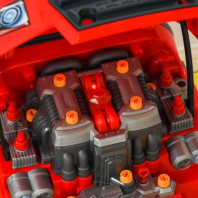 Qaba Truck Engine Toy, Kids Mechanic Set with Lights, Sounds, Steering Wheel and Horn, Pretend Car Service Station Play with 61-Piece Included, Toy Engine Building Kit for Kids Aged 3+, Red