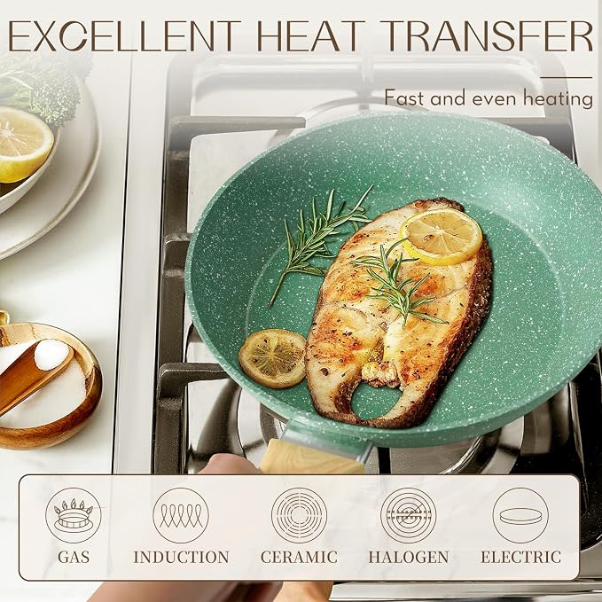 Innerwell Nonstick 9.5 Inch Skillet, Aluminum, Non-Toxic, PTFE & PFOA Free, Suitable for All Stovetops, Easy to Clean, Multipurpose | Even Heating All Stove Compatible, PFOA PFOS Free, Granite Stone Cookware Skillet, Healthy and Non Toxic, Green