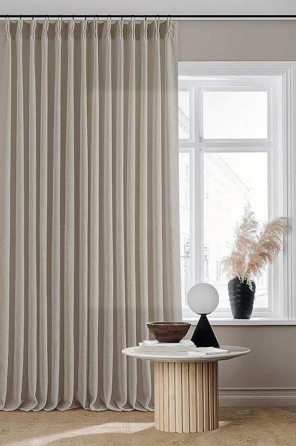 Pinch Pleated Linen Curtains 112 Inches Long for Living Room 2 Panels Set Greyish Beige Flax Double Pleated Drapes Back Tab Farmhouse Ceiling Floor 112 Inch Window Curtains Bedroom Burlywood Birch