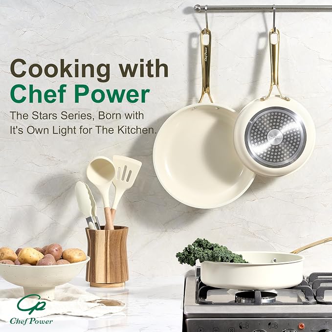 Chef Power Ceramic Frying Pan with Stainless Steel handle 5Pcs Set, Non Stick Grill Pan Set, Dishwasher and Oven Safe, Cream White and Light Gold Handle