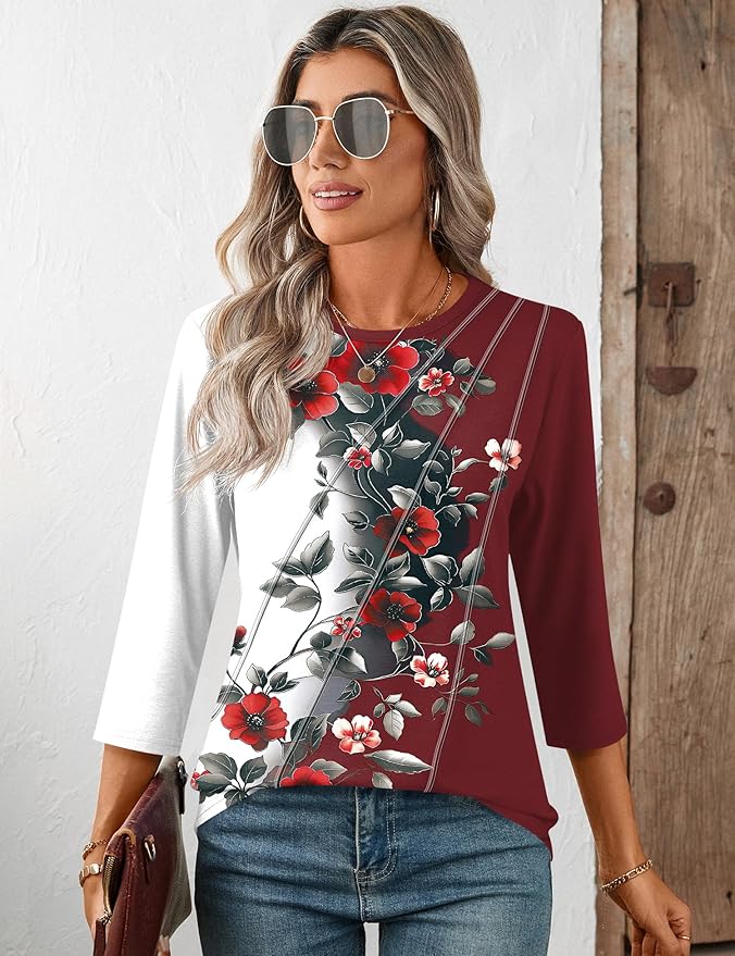 LOMON 3/4 Length Sleeve Womens Tops Spring Summer Fashion 2026 Tops Crew Neck Pleated Shirts Tunic Top Loose Fit