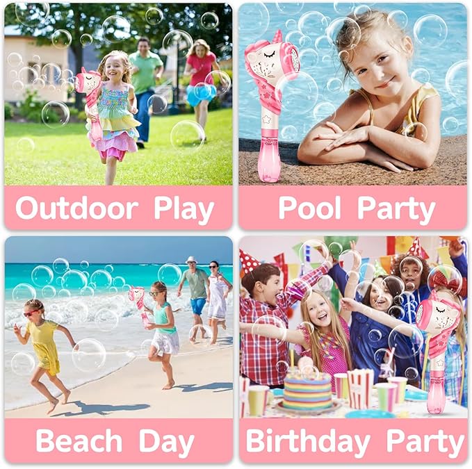 Bubble Machine Wand Gifts for Kids Toddlers Age 1 2 3 4 5 6 7 8 Years Old Birthday Party Unique Cute Baby Outdoor Outside Unicorn Summer Toy Easter Day Game for Little Girl Boy Include Solution Pink