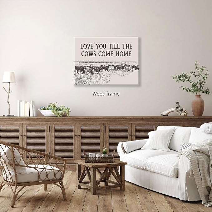 I Love You Till The Cows Come Home Wall Art Black And White Western Cowboy Poster 24X36 inch Framed Southwestern Country Animal Canvas Prints Farmhouse Living Room Wall Decor