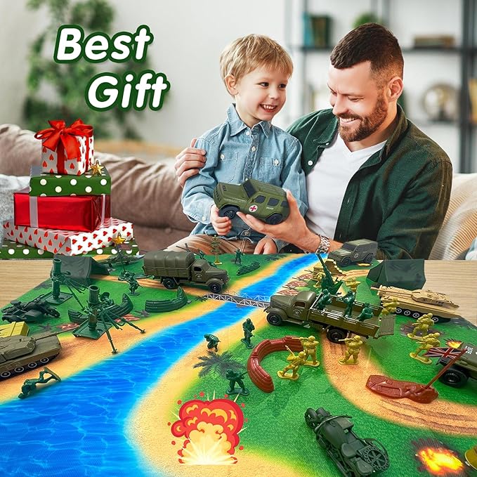 Army Men Toys Large Battle Playset-Set Includes Army Men Action Figures, Military Battle Mat, Tanks, Helicopters, Jeep, Ambulance, Trucks, Cannon, Tents (120 PCS)