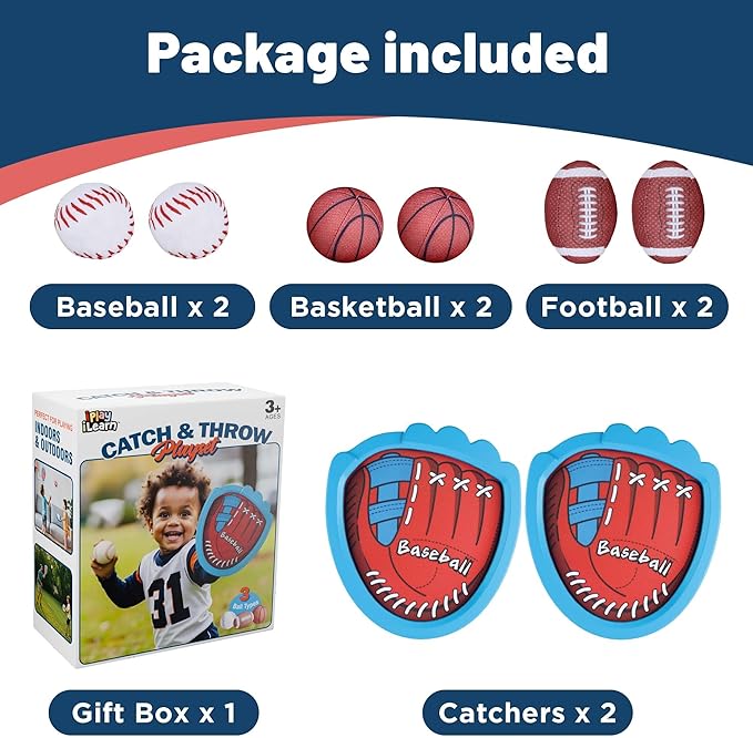 iPlay, iLearn Kid Toss Catching Ball Game, Toddler Baseball Toy Set W/ 2 Training Gloves 6 Soft Balls, Sport Outdoor Play Game for Yard Camping Activity, Birthday Gift 3 4 5 6 7 8-12 Year Old Boy Girl
