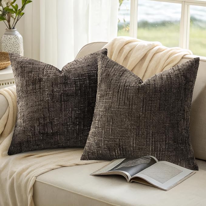 decorUhome Textured Chenille Throw Pillow Covers 22x22 Set of 2 Dark Brown | Fall Modern Farmhouse Soft Cozy Slubby Couch Pillow Cases Boho Decorative Pillow Cases for Bed Sofa Living Room Home Decor
