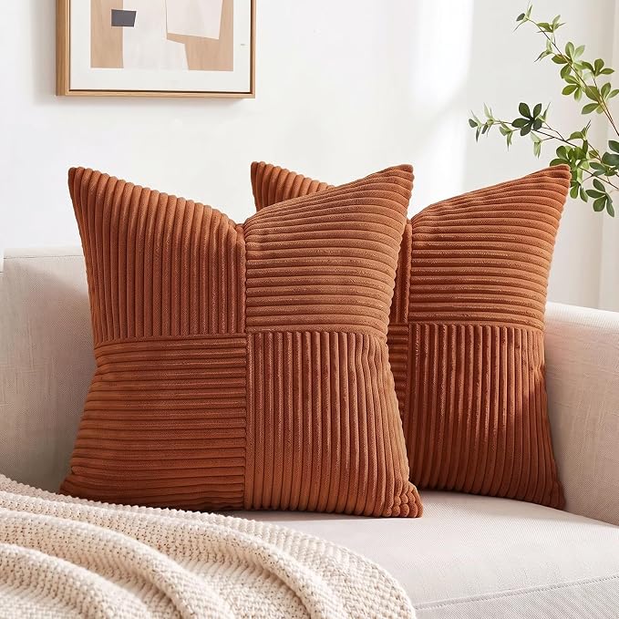 Fancy Homi 2 Packs Rust Decorative Throw Pillow Covers 16x16 Inch for Living Room Couch Bed, Rustic Farmhouse Boho Home Decor, Soft Corss Patchwork Corduroy Square Terracotta Cushion Case 40x40 cm