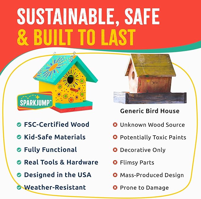 Jr Bird House Kit, DIY Cedar Wood Birdhouse for Outdoors with Paint, Fun for Kids & Adults, Bird House Making Kit for All Ages (1-Pack)