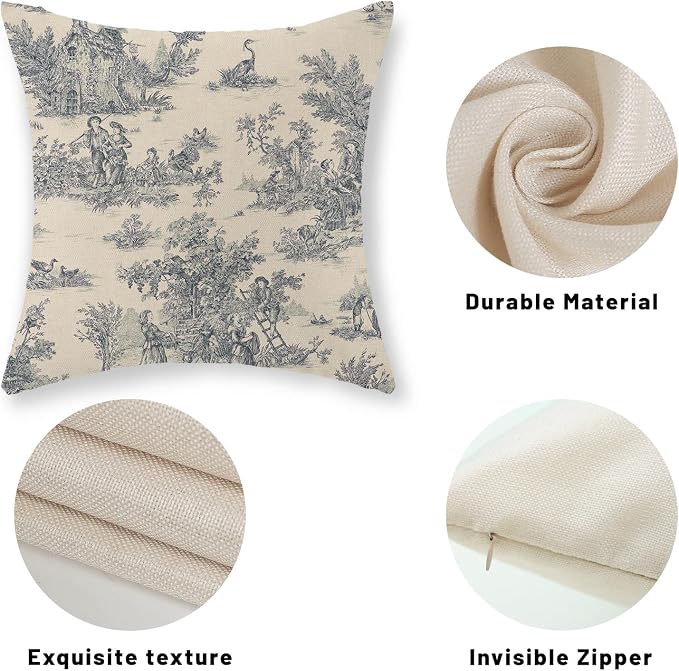 Blue Toile Pillow Covers 18x18 Inch Set of 2 Vintage French Country Throw Pillows Outdoor French Country Decorative Pillow Cases Rustic Linen Decor Farmhouse Cushion Case for Couch Bedroom