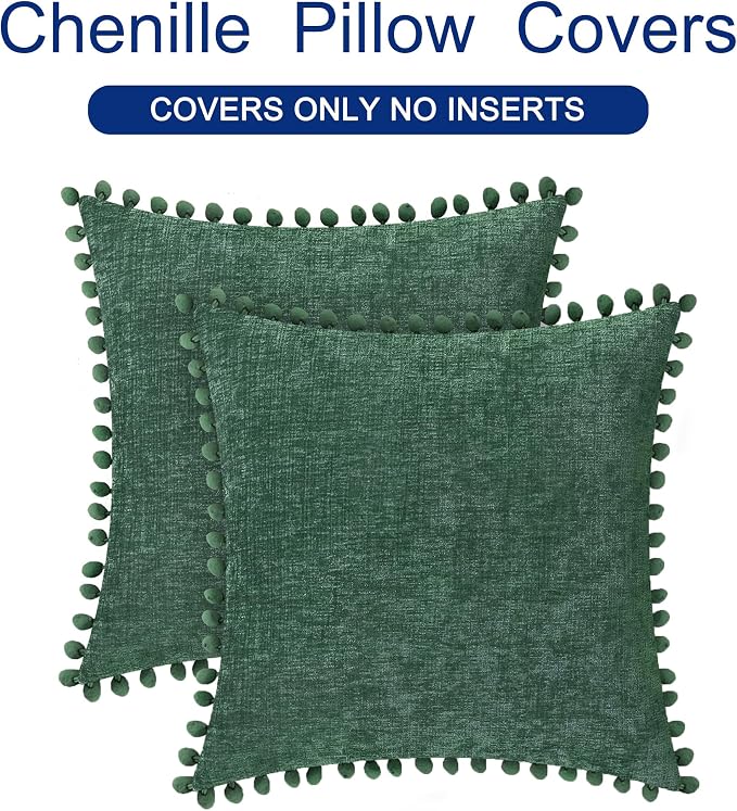 CaliTime Decorative Couch Throw Pillow Covers 16 X 16 Inches Dark Green | Pack of 2, Cozy Chenille Cushion Cases, with Pom Poms for Sofa Bed Living Room Farmhouse Home