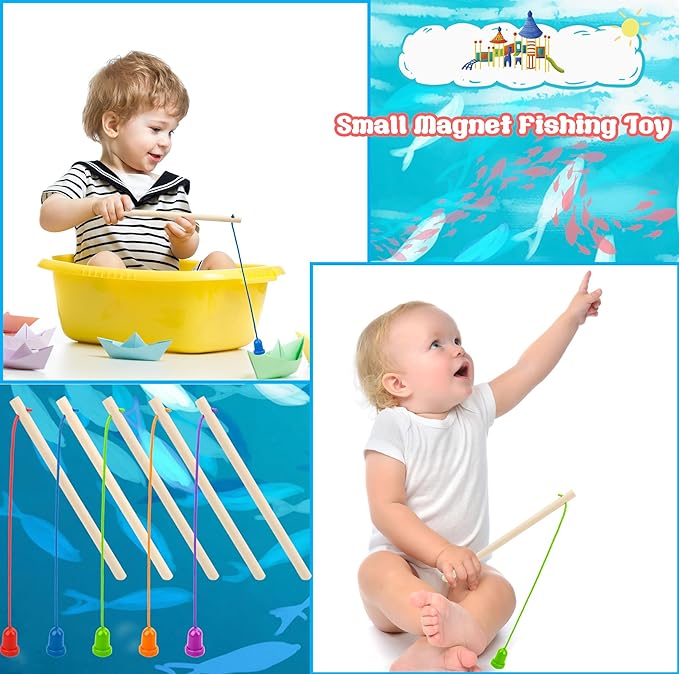 40 Pcs Magnetic Fishing Rod Wooden Magnetic Fishing Poles Mini Fishing Pole Toys for Preschool Girl Boy Pool Activity Accessory (Color Set 2)